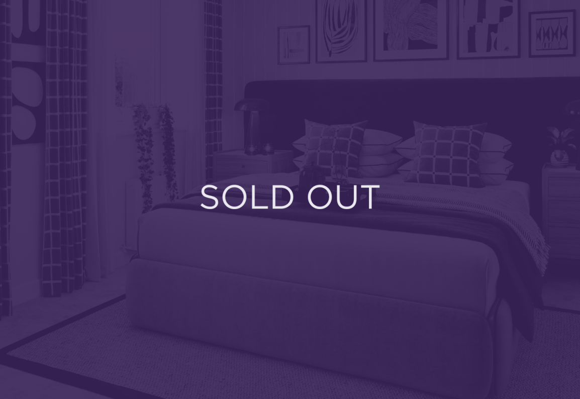 an image of a bedroom, with a purple overlay and text that says sold out