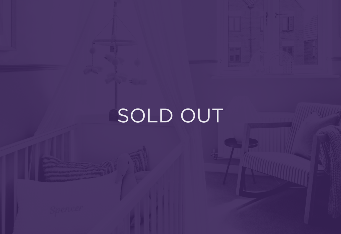 a wide shot of a nursery, with a purple overlay and text that says sold out