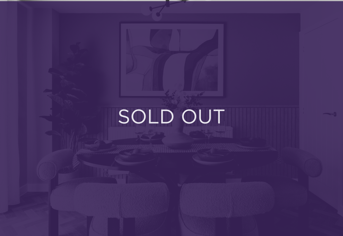 an image of a dining table, with a purple overlay and text that says sold out