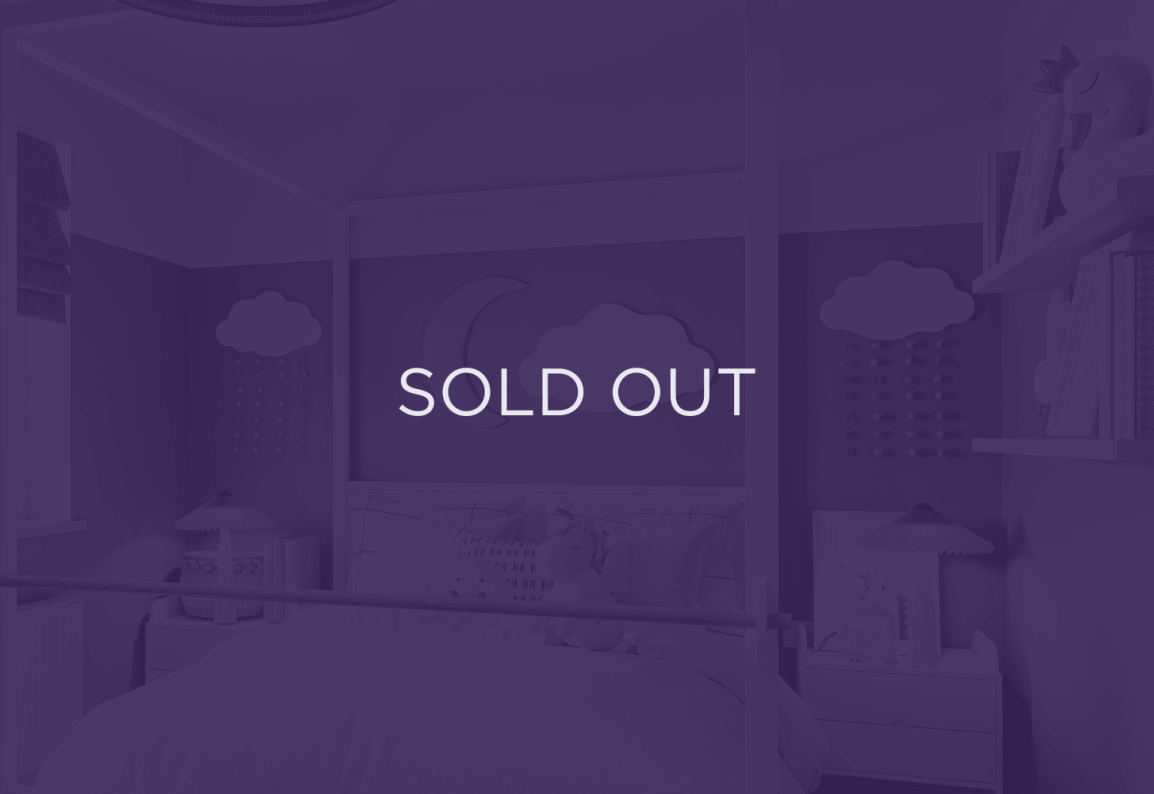an image of a nursery, purple overlay and text that says sold out